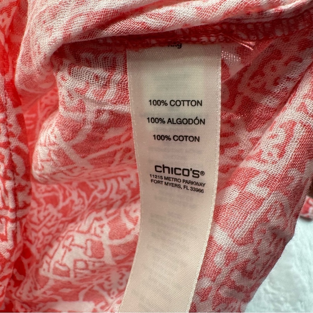 Chico’s Gauzy Tie Front 3/4 Sleeve Aztec Print Boho Popover Blouse in Watermelon - Picture 8 of 10